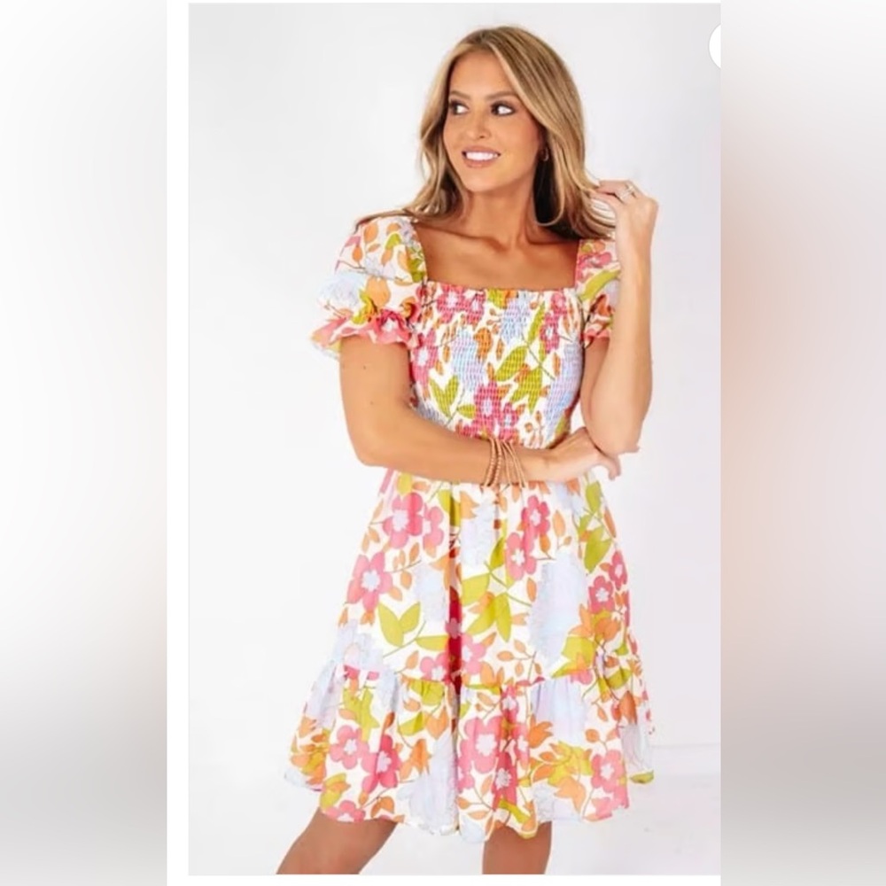 J. Marie Dress Medium Pink Floral Print Knee Length Ava Mae Puff Sleeve Barbie